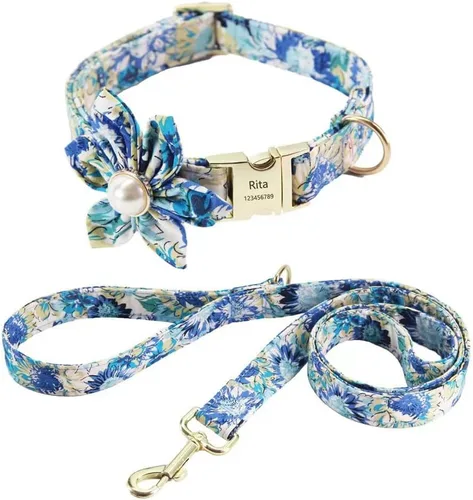 Vista 10 de Juego personalizado de collar y correa para perro con nombre y placa de número de teléfono, collar de perro con margaritas personalizado para perros