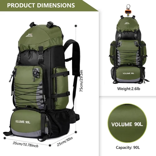 Vista 4 de Mochila de senderismo de 90L, bolsa de camping impermeable con cubierta de lluvia, mochila ligera para mochileros, sin marco