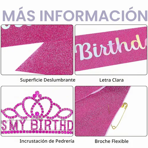 Vista 7 de Corona de cumpleaños para mujer, banda de diadema de cumpleaños rosa intenso Rosa fuerte