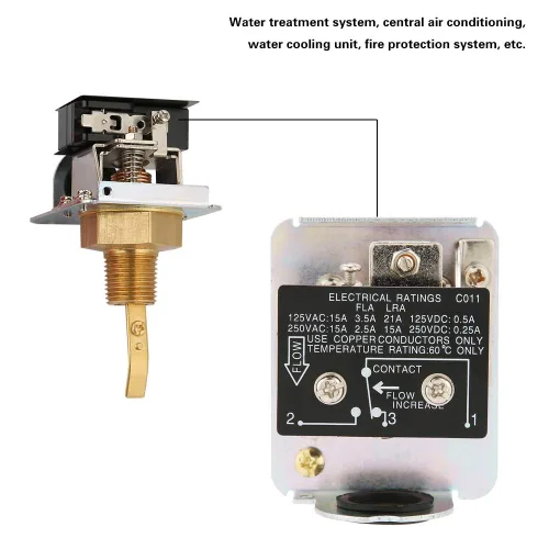 Vista 5 de HFS-15 Interruptor de flujo de agua de paleta, 1/2 pulgada, 220VCA 15A, latón y acero inoxidable, para sistemas de tratamiento de agua y sistemas