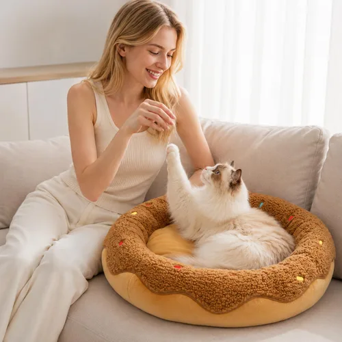 Vista 8 de Cama calmante para gatos de interior, cama lavable para mascotas A-Donut