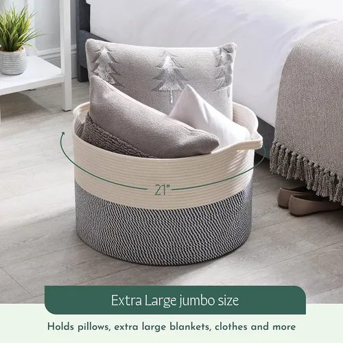 Vista 3 de Cesta decorativa de manta jumbo para sala de estar, cesta tejida de cuerda de algodón 100% para almacenamiento con 2 asas de fácil transporte