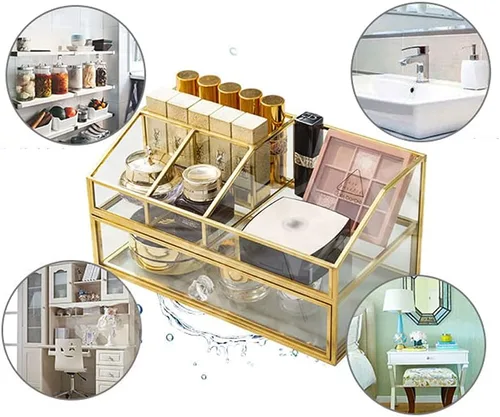 Vista 3 de YUEHUA Organizador de maquillaje de cristal, organizador de brochas de maquillaje transparente, caja de exhibición de joyas, esmalte de uñas dorado