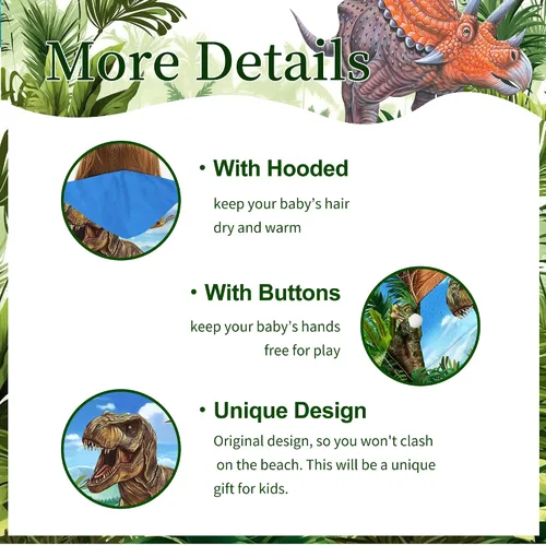 Vista 4 de Toalla con capucha de dinosaurio, toalla de playa de dinosaurio para niños de 30 x 50 pulgadas, microfibra T-Rex absorbente de secado rápido