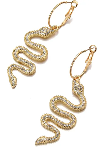 Vista 4 de Balirek Aretes y collar de serpiente chapados en oro de 14 quilates, aretes colgantes personalizados, diseño de animales punk, hipoalergénicos