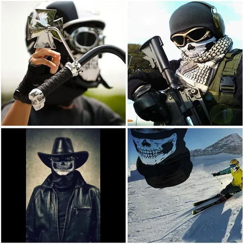 Vista 6 de Pasamontañas negras con diseño de calavera de fantasmas, máscara de cara completa, resistente al viento, para esquí, motocicleta, pasamontañas