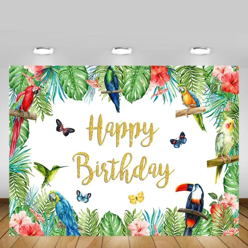 Vista 5 de MEHOFOND Telón de fondo de cumpleaños de pájaro tropical, tucán de verano, hojas de palma, purpurina dorada, pancarta de feliz cumpleaños, fondo