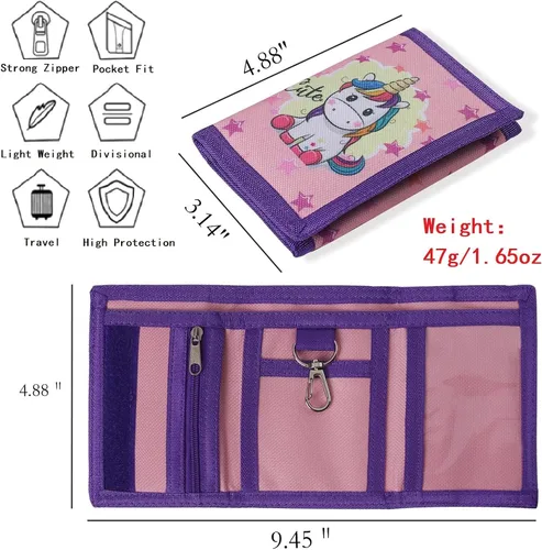 Vista 3 de SITADI Cartera para niños, billetera pequeña para niñas con bolsillo con cremallera, bonita cartera de lona triple de dibujos animados para niños