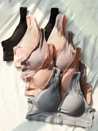Vista 6 de OYOANGLE Sujetador de maternidad para mujer, 5 piezas, con botones frontales, cómodo, sin varillas, para lactancia materna