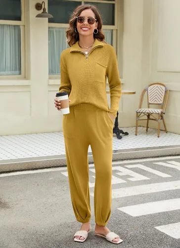 Vista 5 de softome Conjunto de 2 piezas para mujer, suéter de manga larga, con cremallera de 14, suéter de punto, pantalones casuales, conjunto de ropa