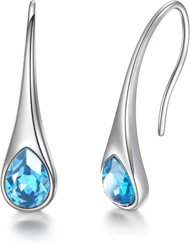 Vista 14 de Pendientes de gancho modernos pequeños de plata de ley 925 con forma de pera y cristales de Austria