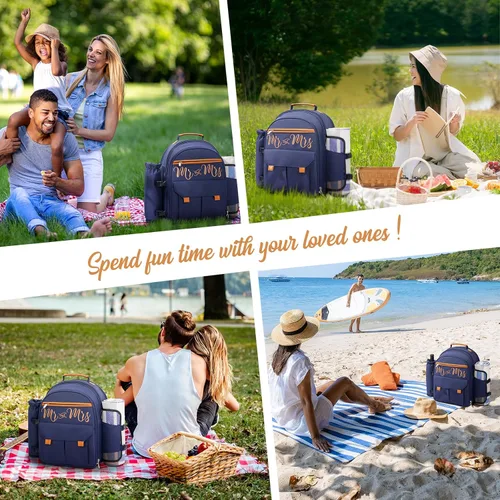 Vista 7 de Juego de cestas de picnic de 22 litros, mochila de picnic con aislamiento azul para 2, a prueba de fugas, regalos de campamento geniales