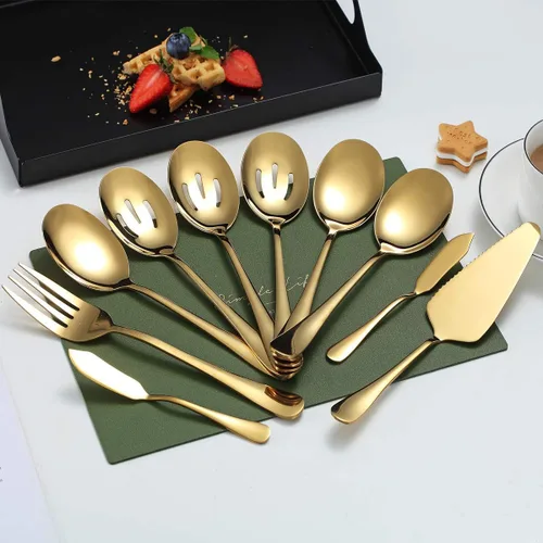 Vista 2 de Kyraton - Cucharas doradas para servir, 10 piezas, utensilios para servir, incluye 3 cucharas para servir, 3 cucharas ranuradas, 1 tenedor