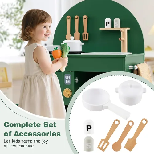 Vista 3 de Costzon Juego de cocina para niños, cocina con estufas, grifo, fregadero, microondas, gabinete, horno y accesorios de cocina, cocina de madera