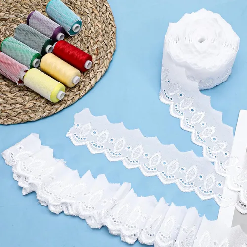 Vista 4 de Ribete de encaje de algodón de 15 yardas, cinta de encaje con ojales blancos, borde ondulado, bordados florales para coser vestidos, ropa, bolsas