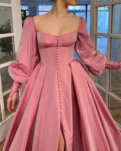 Vista 4 de Vestido de fiesta de princesa de manga larga hinchada para mujer, vestido de fiesta formal de satén, vestido de noche de boda