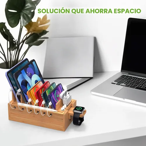 Vista 7 de Pezin & Hulin Estación de carga de bambú con 5 puertos USB y 5 cables #1 (con cargador)