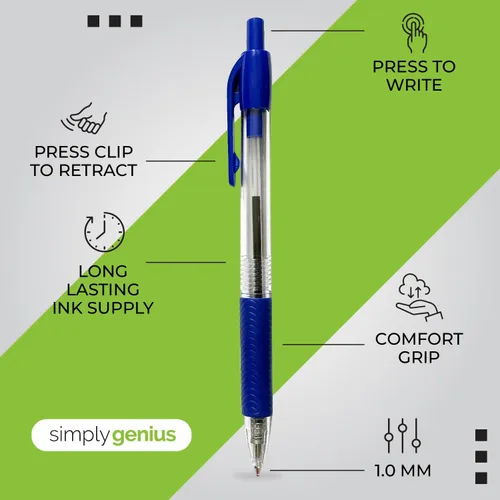 Vista 4 de Simply Genius Bolígrafos azules, 200 bolígrafos a granel, retráctiles, tinta azul, escritura suave y ergonómicos para tomar notas y suministros