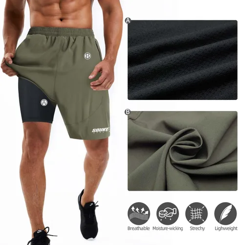 Vista 5 de Souke Sports Pantalones cortos de entrenamiento 2 en 1 para hombre, 7 pulgadas, secado rápido, pantalones cortos atléticos para gimnasio, bolsillos