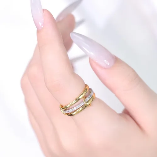 Vista 7 de Anillos apilables de oro para mujer, no se deslustra, juego de 3 anillos entrelazados con circonita cúbica, delicados anillos chapados en oro de 18