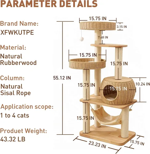 Vista 6 de Árbol para Gatos de Madera de 55" para Gatos de Interior Grandes Adultos, Torre Alta para Gatos con Poste Rascador y Hamaca Acogedora para Gatos