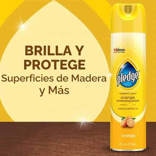 Vista 2 de Pledge Pulidor mejorador, spray de madera y muebles, aroma a naranja, 9.7 onzas