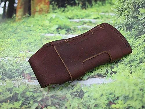 Vista 2 de Funda plegable para cuchillo de bolsillo de 5 pulgadas, funda de cinturón de cuero genuino marrón liso TS-sheathTS