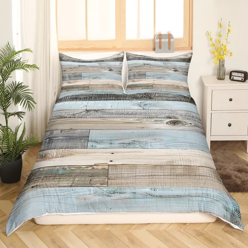 Vista 2 de Erosebridal Funda de edredón de madera con puerta de granero, juegos de ropa de cama estilo occidental, tamaño Queen, funda de edredón rústica