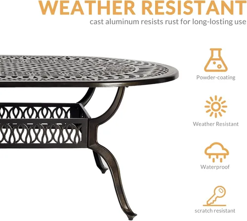 Vista 4 de Juego de comedor de patio de 9 piezas, mesa y sillas de patio al aire libre, mesa de comedor ovalada de aluminio fundido de 84 pulgadas con agujero