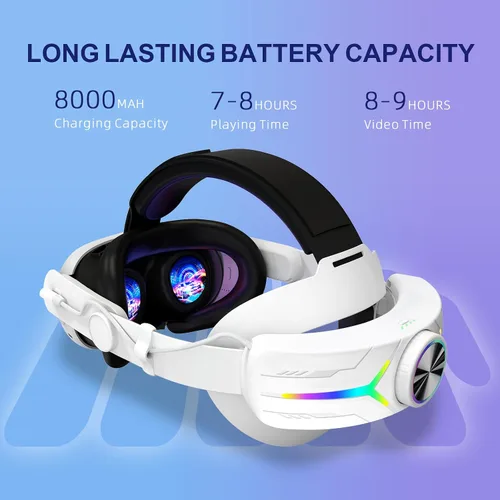 Vista 2 de QWOS RGB Comfort Battery Head Strap 8000mAh Compatible with Meta Quest 3 Accessories, Battery Pack Elite Strap Replacement for Enhanced Support and