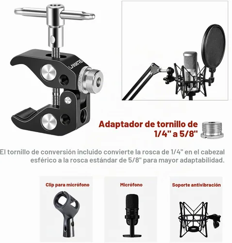 Vista 6 de Clip de micrófono con abrazadera de micrófono con tornillo de micrófono de 5/8 pulgadas, compatible con micrófono, soporte de micrófono y accesorios