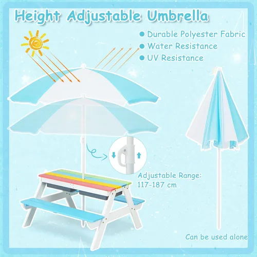 Vista 4 de Costzon Mesa de Picnic para Niños con Contenedores Sensoriales, Mesa de Arena y Agua 4 en 1 con Sombrilla de Altura Ajustable, Superficie de Mesa