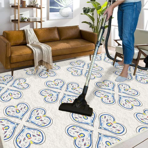 Vista 6 de Alfombra de enrejado floral para sala de estar, 3 pies 3 pulgadas x 5 pies 3 pulgadas, crema/azul moderna alfombra de flores que no se desprende