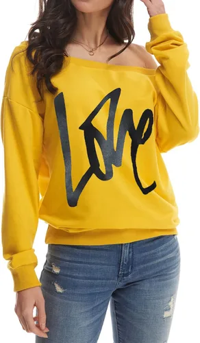 Vista 4 de Yanekop - Sudadera holgada de hombros descubiertos con la palabra love estampada, sin botones, para mujer