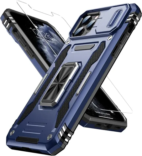 Vista 12 de MERRO Funda para iPhone 13 Pro con protector de pantalla, protección de cámara deslizante, funda resistente de grado militar con soporte magnético