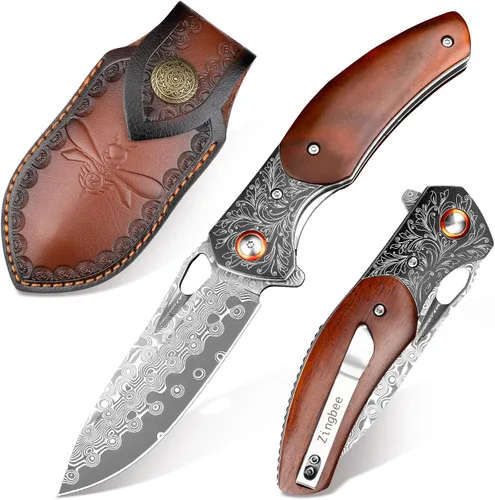 Vista 9 de Zingbee Cuchillo de bolsillo de Damasco de 3.46 pulgadas con clip, mango antideslizante azul DMXQ 1-azul