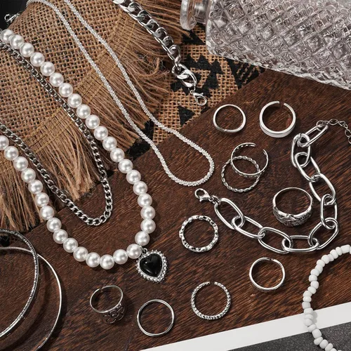 Vista 2 de IFKM 36 PCS Silver Plated Jewelry Set with 3 PCS Necklace 12 PCS Bracelet 7 PCS Ear Cuffs Earring 14 Pcs Knuckle Rings for Women Girls Valentine