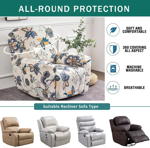 Vista 5 de NILUOH Funda para sillón reclinable, 4 piezas, elástica, estampada, con bolsillo lateral, funda para sofá reclinable, antideslizante, ajustable, 16