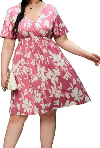 Vista 4 de ShopWonder Vestido de talla grande para mujer, con cuello en V, acampanado, largo hasta la rodilla, vestido de fiesta, minivestido de fiesta