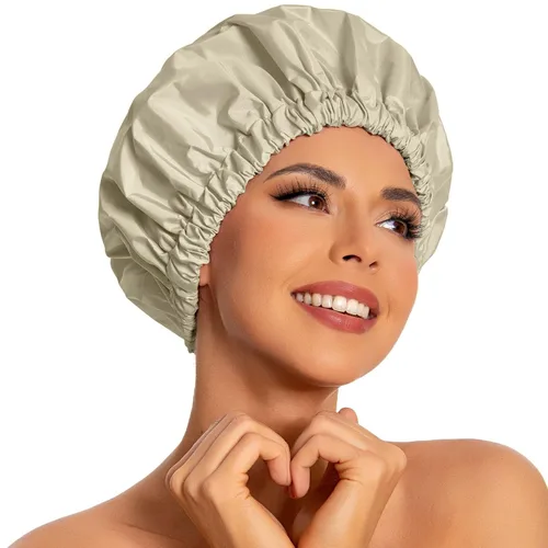 Vista 18 de Gorro de ducha reutilizable para mujer, grande, impermeable, lavable, banda elástica, accesorios de baño, sombrero para cabello largo, trenzas Beige