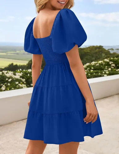 Vista 3 de ZESICA Mini vestido corto de verano bohemio 2025 con cuello cuadrado, manga abombada, hombros descubiertos, fruncido, escalonado, casual