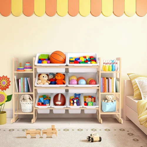 Vista 7 de Fuilee Organizador de almacenamiento de juguetes de madera para niños, organizador de juguetes de varios niveles con contenedores y estantes