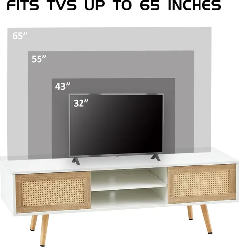 Vista 6 de Mesa auxiliar bohemia, mueble de TV moderno de 55 pulgadas, mesa de centro rectangular de madera con puerta corredera para almacenamiento, mesas