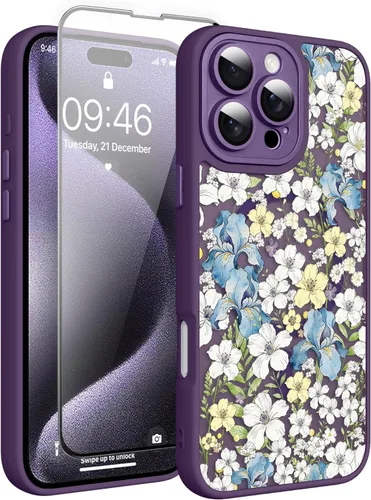Vista 135 de Magnético para iPhone 13 con protector de pantalla [Compatible con MagSafe] Diseño de patrón floral de flores bonitas, funda delgada a prueba