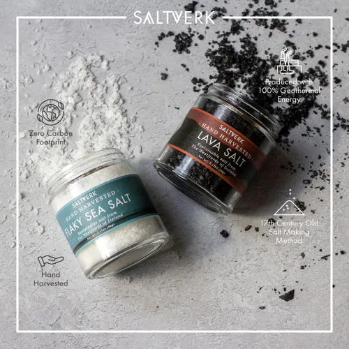 Vista 3 de Saltverk Juegos de regalo de sal – escamosa, lava, abedul ahumado, sal marina de tomillo ártico, gourmet, islandés, cosechado a mano y hecho