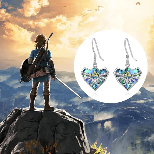Vista 6 de YFN Zelda - Aretes colgantes de plata de ley con diseño de triforce Zelda, con temática de abulón, joyería Zelda para mujeres, hombres y niñas