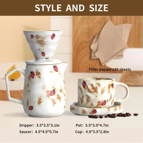 Vista 3 de Juego de cafetera hecha a mano con taza de café con patrón de fresa, 20 unidades, filtro de papel V60, cafetera de goteo de 20 onzas (fresa)