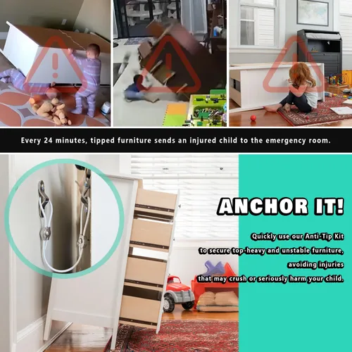 Vista 6 de Anclajes para muebles a prueba de bebés, anclajes de pared para muebles antipuntas para asegurar la cómoda y la estantería, kit de correas