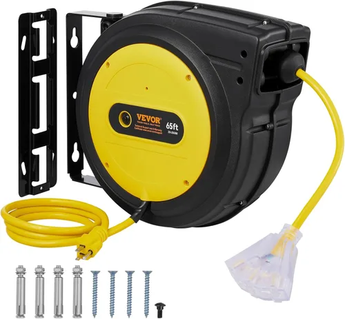 Vista 29 de VEVOR Carrete de cable de extensión retráctil, 30 pies, carrete de cable de alimentación retráctil resistente 16AWG/3C SJTOW con toma triple