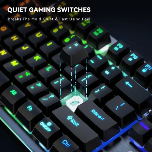 Vista 5 de Teclado para juegos con cable retroiluminado RGB, 104 teclas, iluminación RGB de 8 zonas, cubierta superior de metal, teclado macro programable